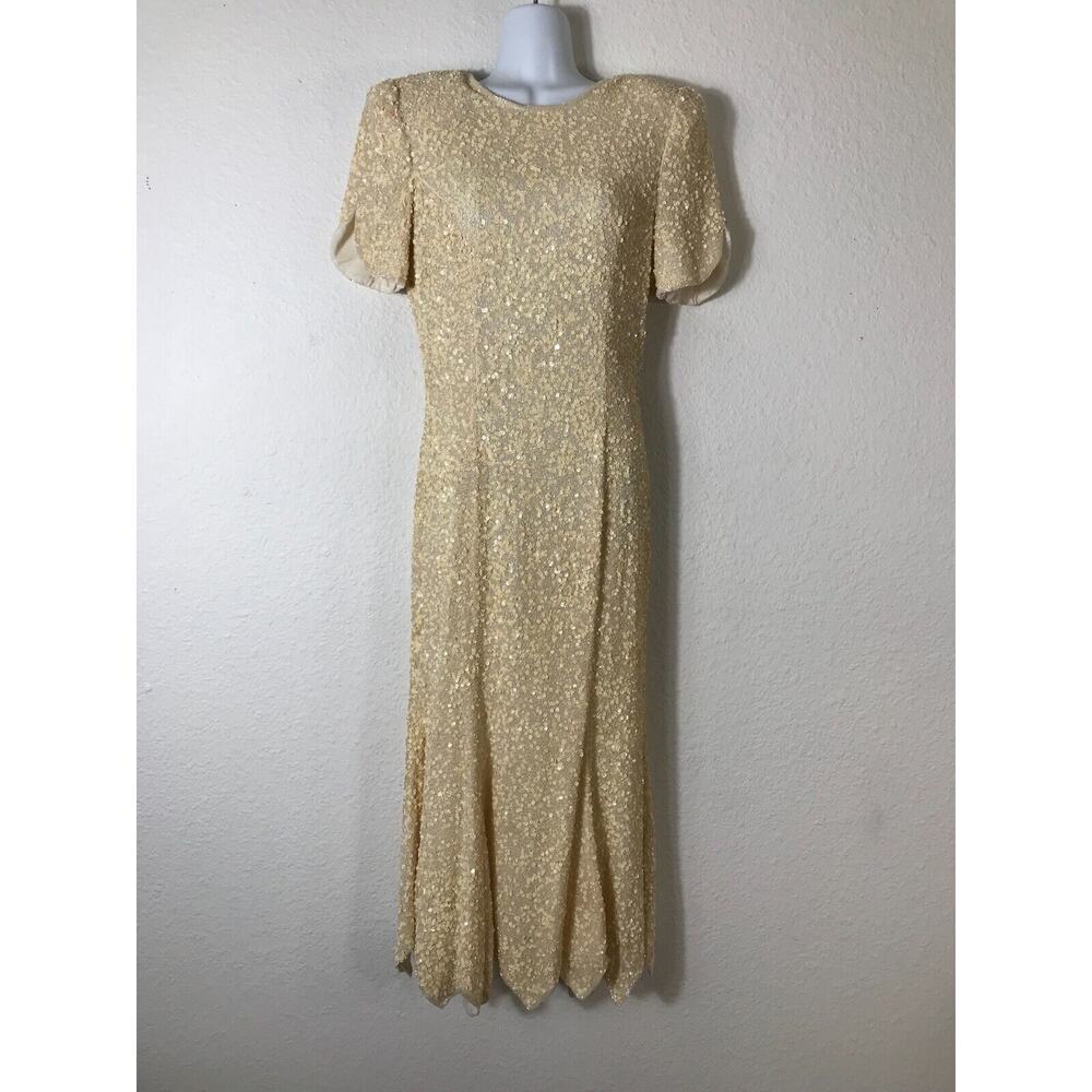 Laurence Kazar Dress Womens Small Ivory Beaded Midi Formal Wedding Vintage